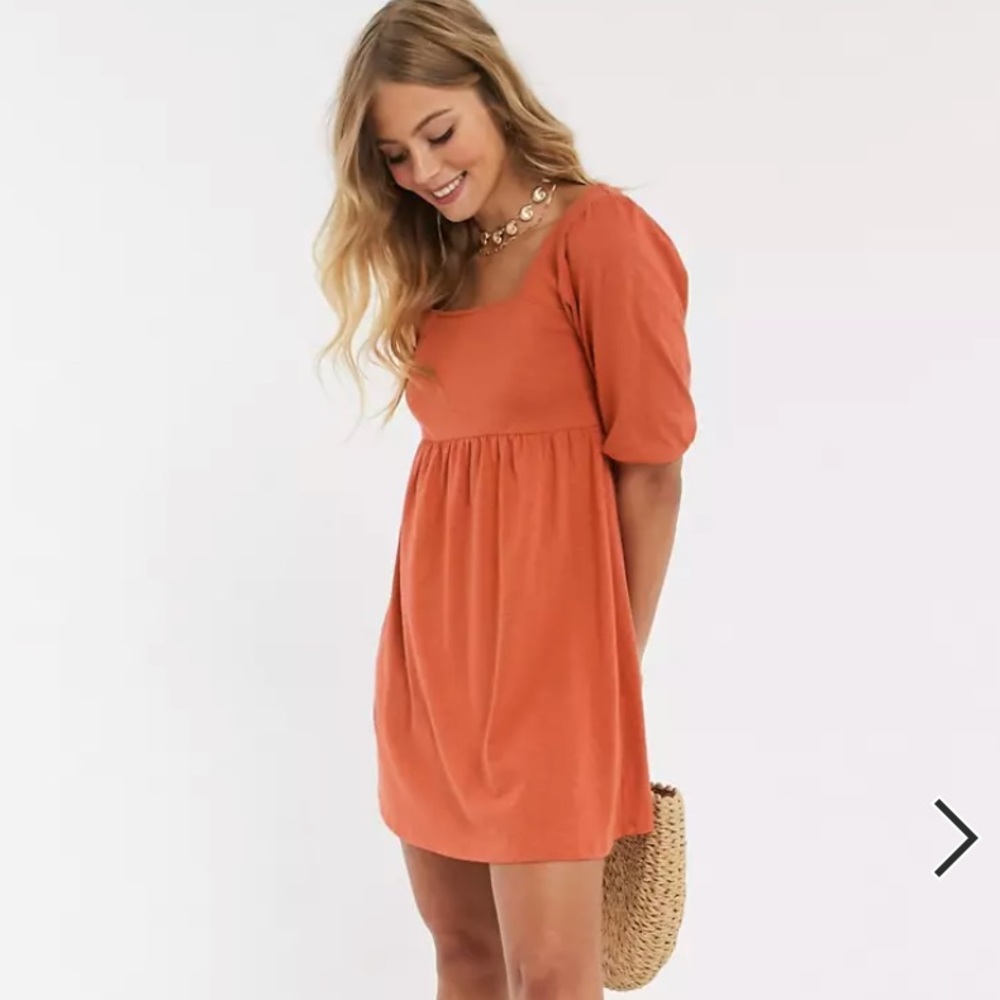 ASOS square neck puff sleeve dress in rust, Size 4 Small